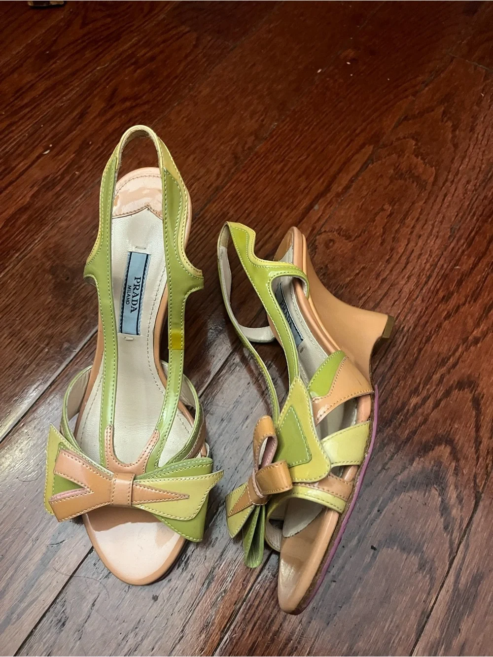 PRADA Lime Green and Beige Bow T-Strap Heels - Picture 2 of 6